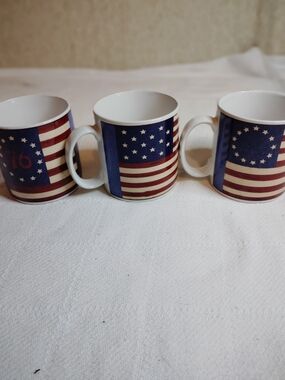 Patriotic Ceramic Coffee Mug with American Flag Design - Blue/Red/White 3 Set